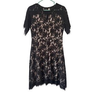 MSLG Black Lace Overlay Short Sleeve Dress with Beige Lining